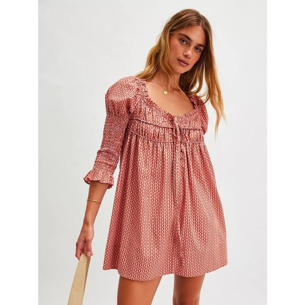 Free People NWT Babydoll Mini Dress in Pink & Coral Geo Print, pockets